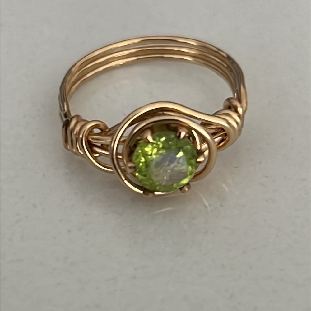 Hand-crafted Artisan Wire Wrapped Ring with Round Green Faceted Stone